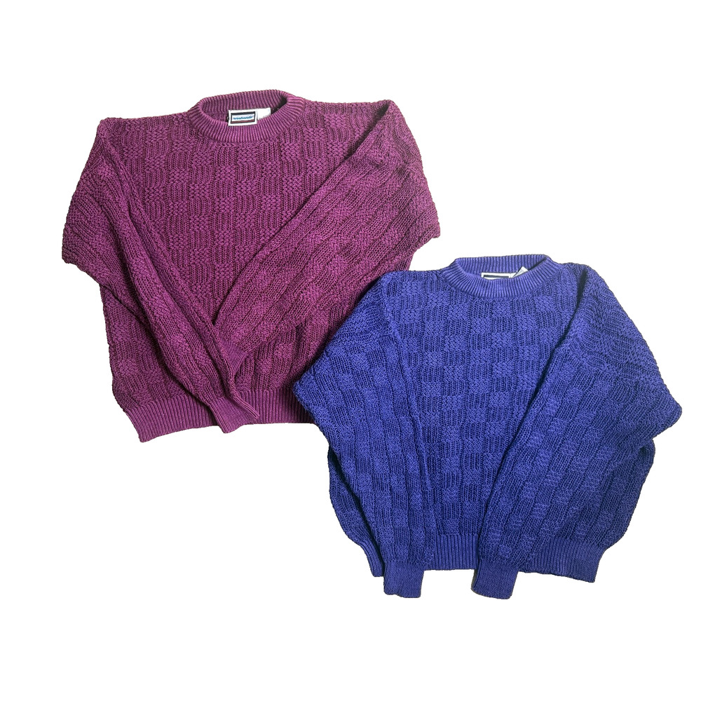 Two Vtg Ramie Cotton Sweaters Weekends Cable Square Knit Pink Purple Large 80 90